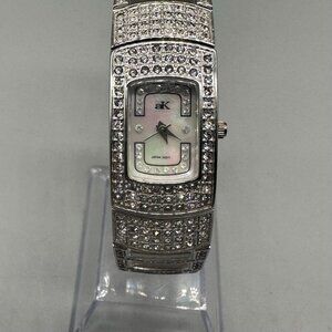 Adee Kaye Watch Women Silver Rhinestone Bracelet Mother of Pearl Quartz Works 7"